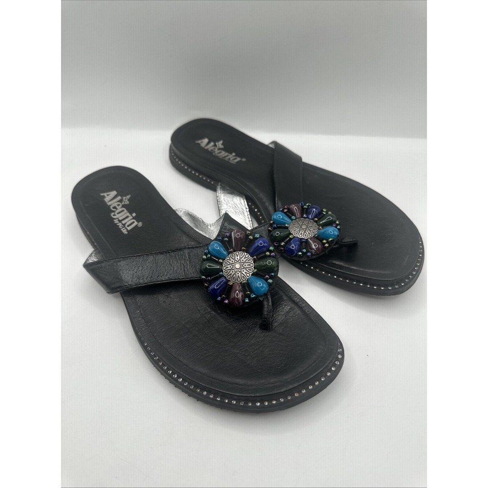 ALEGRIA Diana DIA-601 Black Beaded Jeweled Thong Sandals Flip Flops Size 39 US 9